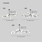 Ramure Lustre Branches à Globes Lumineux – schémas cotés des versions à 18 et 24 globes