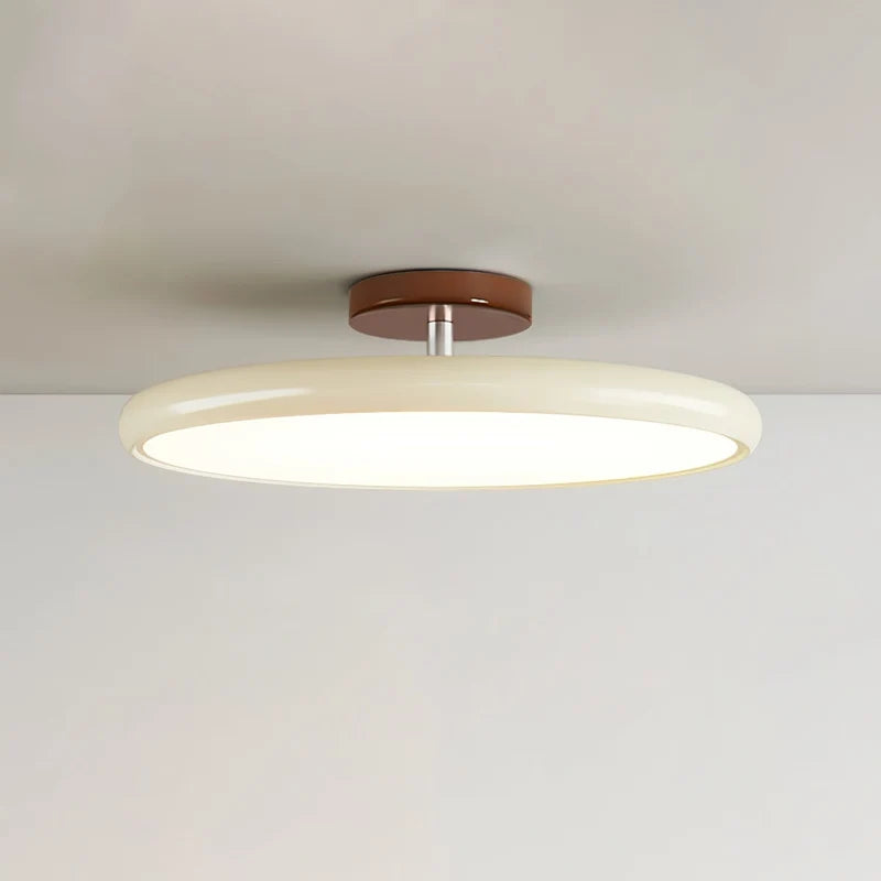 Médaillon Plafonnier LED Rond – disque crème avec fixation en bois, vue de côté