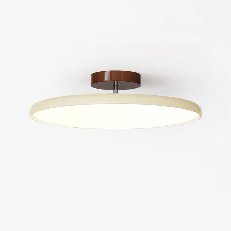 Médaillon Plafonnier LED Rond – disque crème avec tige argentée sur fond blanc