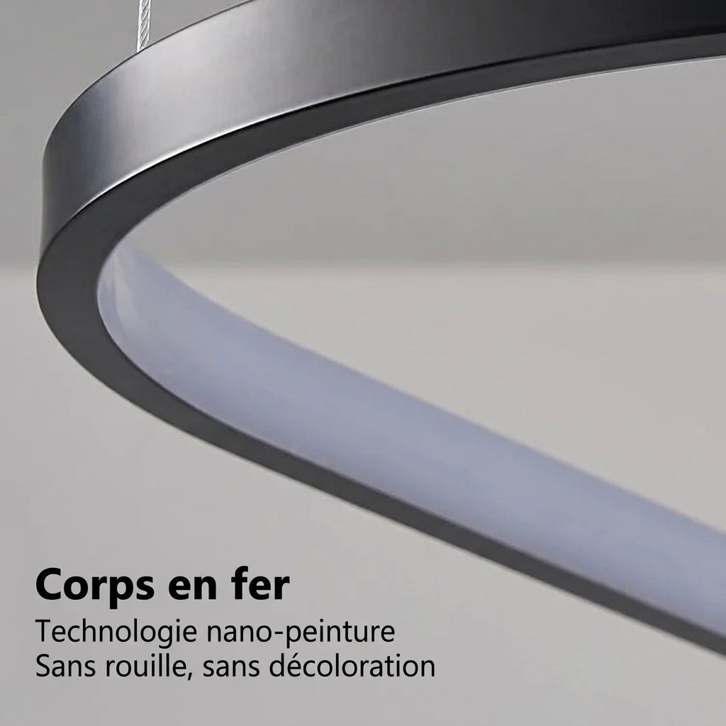Orbite Trio Lustre 3 Anneaux LED Moderne – gros plan du profil de l'anneau en fer noir