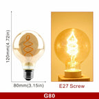 Ampoule Globe à Filament – ampoule globe moyen, schéma coté et ampoule allumée en lumière ambrée