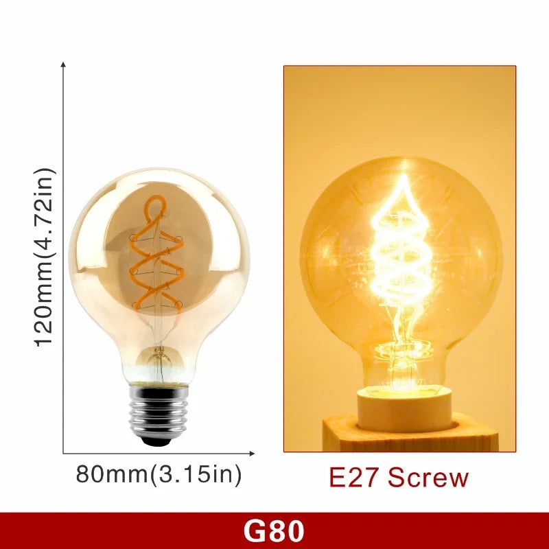 Ampoule Globe à Filament – ampoule globe moyen, schéma coté et ampoule allumée en lumière ambrée