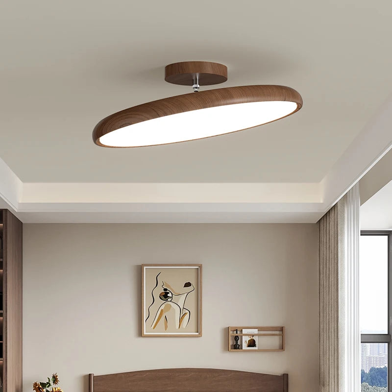 Médaillon Plafonnier LED Rond – disque à bord brun en bois dans une chambre