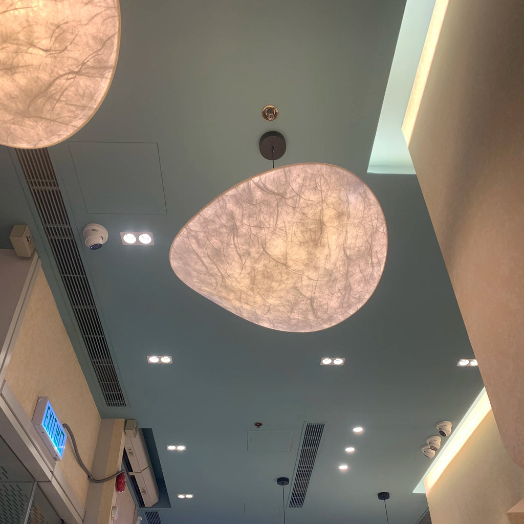 Silvane Suspension Pétales Effet Soie – pétale allumé vu de dessous devant un mur bleu-vert