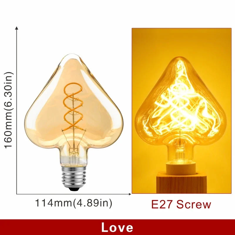 Ampoule Globe à Filament – ampoule forme cœur, schéma coté et ampoule allumée en lumière ambrée