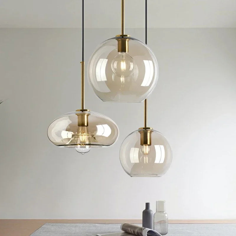 Ambra Suspension en Verre Ambré, 5 Formes au Choix – groupe de suspensions en verre ambré de formes différentes