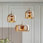 Trilia Suspension Trio en Verre, Ambré ou Fumé, sur Platine Ronde – trois suspensions en verre ambré allumées