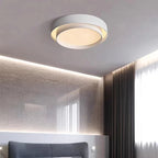 Duo Plafonnier LED Double Cercle – plafonnier blanc à lumière indirecte, rideaux sombres
