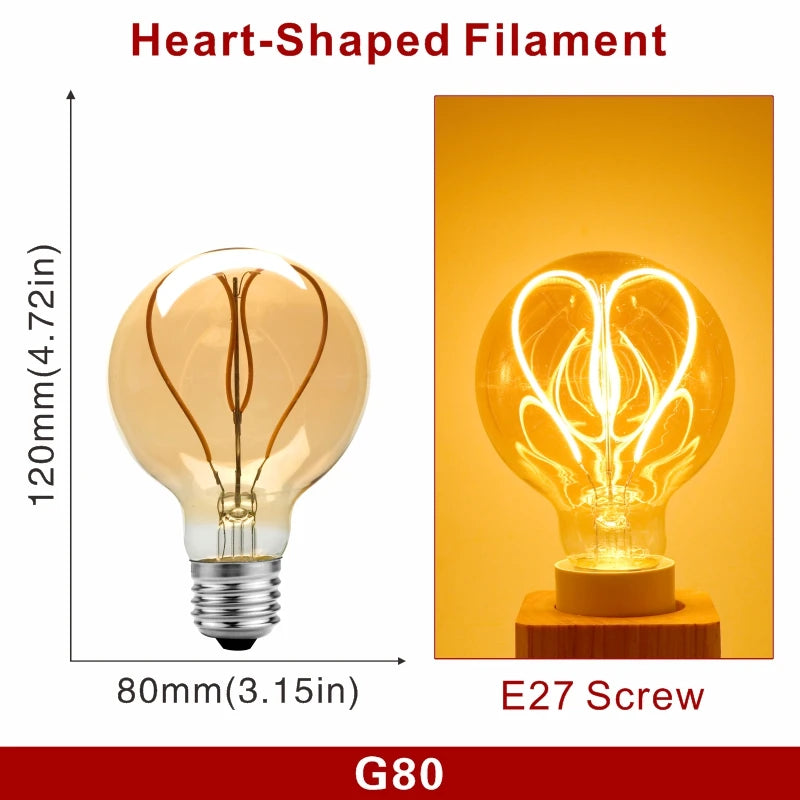 Ampoule à Filament Spirale – ampoule à filament en cœur, schéma coté et ampoule allumée en lumière ambrée