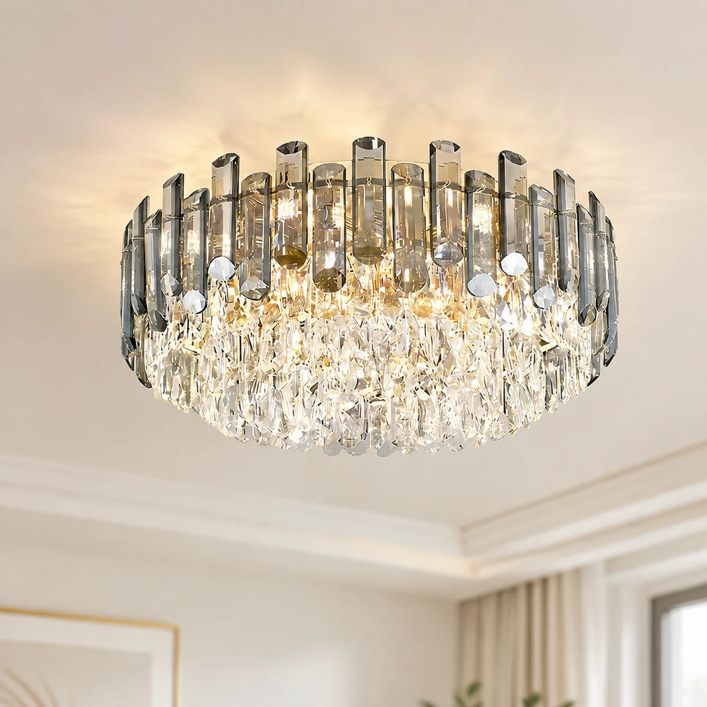 Fumia Plafonnier en Cristal et Verre Fumé – plafonnier rond en cristal et verre fumé, vue de dessous