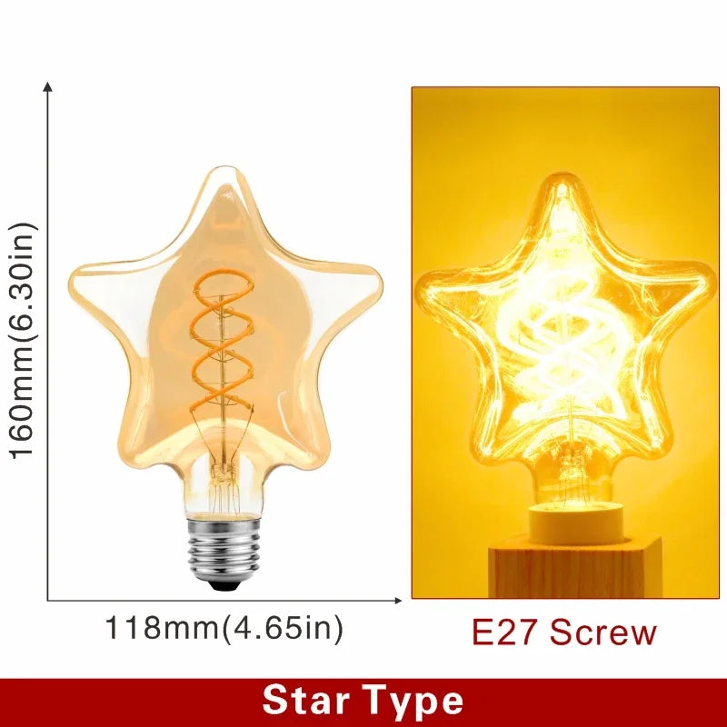 Ampoule Globe à Filament – ampoule forme étoile, schéma coté et ampoule allumée en lumière ambrée
