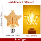 Ampoule Globe à Filament – ampoule forme étoile, schéma coté et ampoule allumée en lumière ambrée