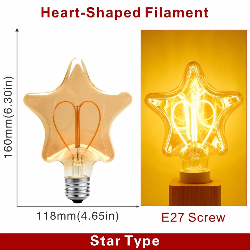 Ampoule à Filament Spirale – ampoule forme étoile, schéma coté et ampoule allumée en lumière ambrée