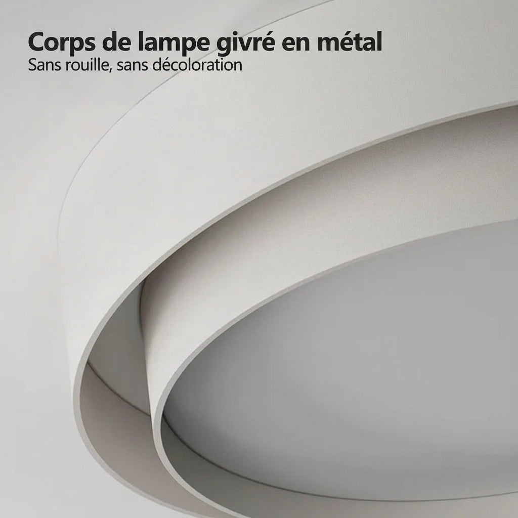 Duo Plafonnier LED Double Cercle – détail de la superposition des cercles blanc et gris