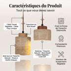 Travertin Suspension en Pierre Naturelle – schéma des matériaux : pierre, capuchon en bois, câble