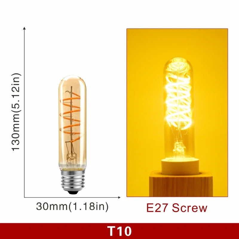 Ampoule Globe à Filament – ampoule tube, schéma coté et ampoule allumée en lumière ambrée