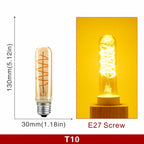 Ampoule Globe à Filament – ampoule tube, schéma coté et ampoule allumée en lumière ambrée
