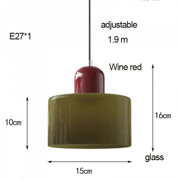Dolia Suspension en Verre Teinté – schéma coté de la suspension olive à capuchon bordeaux