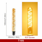 Ampoule Globe à Filament – ampoule tube fin, schéma coté et ampoule allumée en lumière ambrée