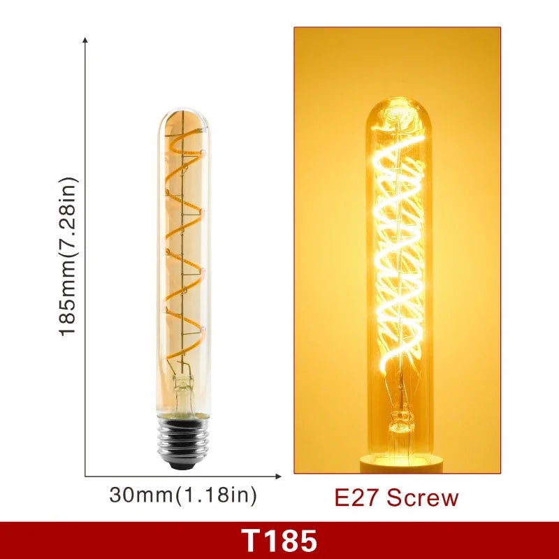 Ampoule Globe à Filament – ampoule tube fin, schéma coté et ampoule allumée en lumière ambrée