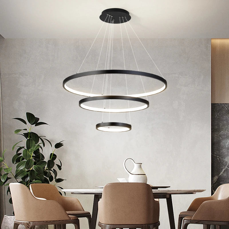 Orbite Suspension LED à Anneaux – trois anneaux noirs devant un mur gris et des plantes