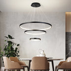 Orbite Suspension LED à Anneaux – trois anneaux noirs devant un mur gris et des plantes