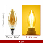 Ampoule Globe à Filament – ampoule bougie, schéma coté et ampoule allumée en lumière ambrée