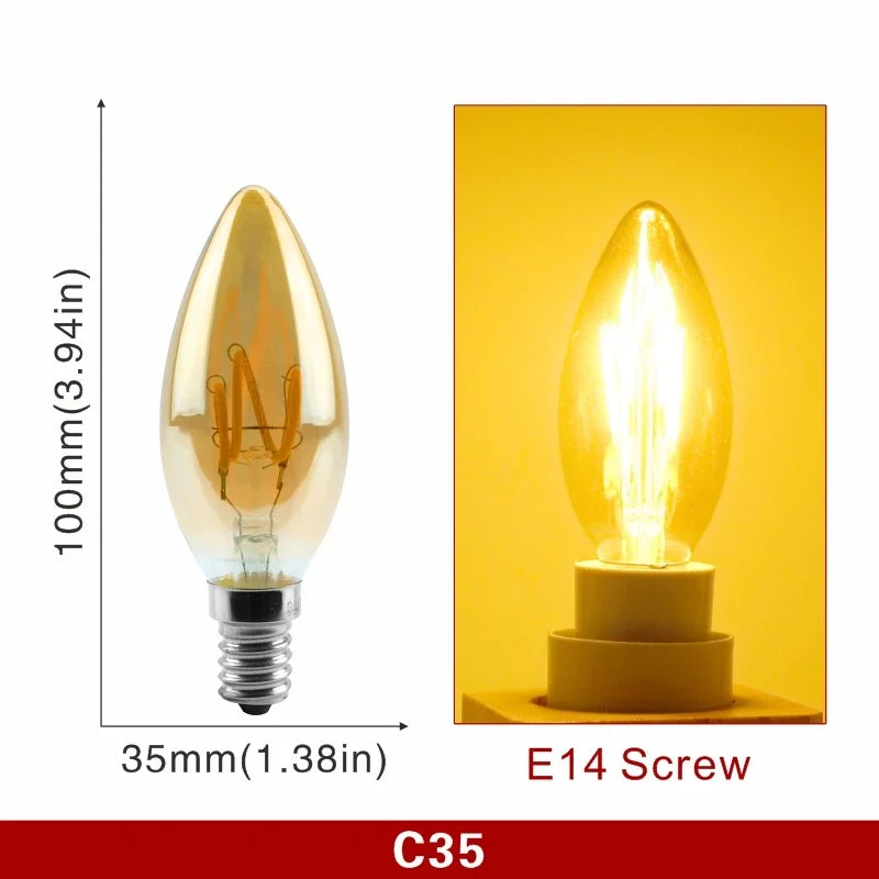 Ampoule à Filament Spirale – ampoule bougie, schéma coté et ampoule allumée en lumière ambrée