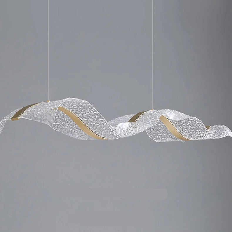 Onde Suspension LED Linéaire en Aluminium – ruban transparent à bande dorée, vue de face