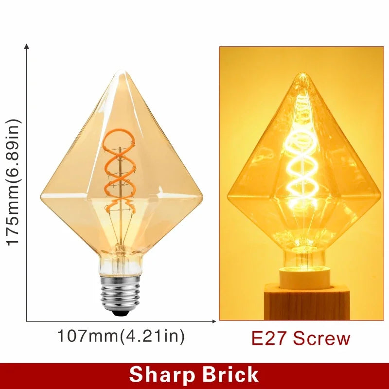 Ampoule Globe à Filament – ampoule losange, schéma coté et ampoule allumée en lumière ambrée
