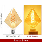 Ampoule à Filament Spirale – ampoule losange, schéma coté et ampoule allumée en lumière ambrée