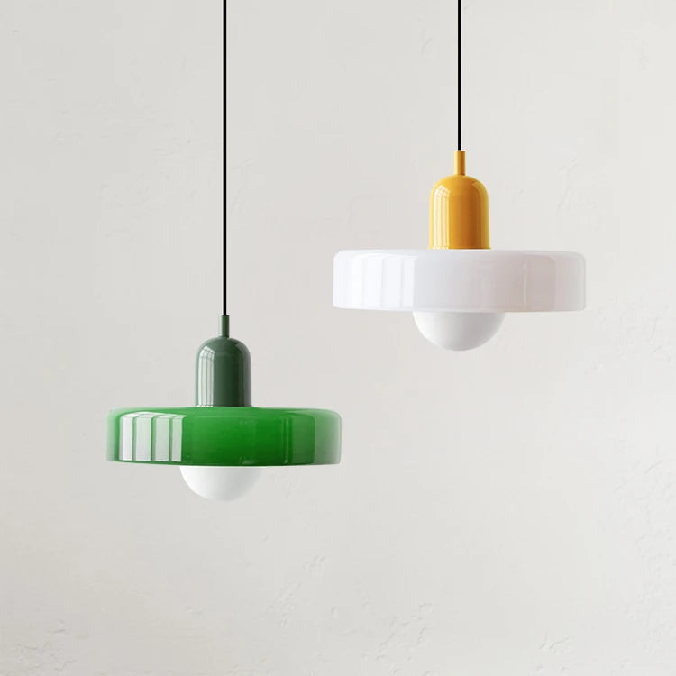 Paletia Suspension Palet en Verre Coloré – suspensions verte, blanche et jaune sur fond clair