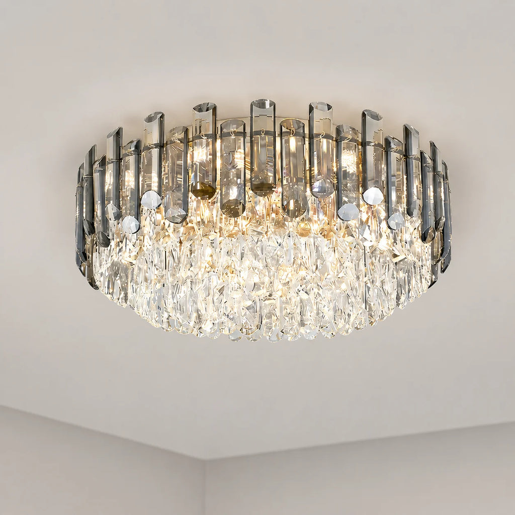 Fumia Plafonnier en Cristal et Verre Fumé – plafonnier rond allumé sur fond clair