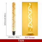 Ampoule Globe à Filament – ampoule tube long, schéma coté et ampoule allumée en lumière ambrée