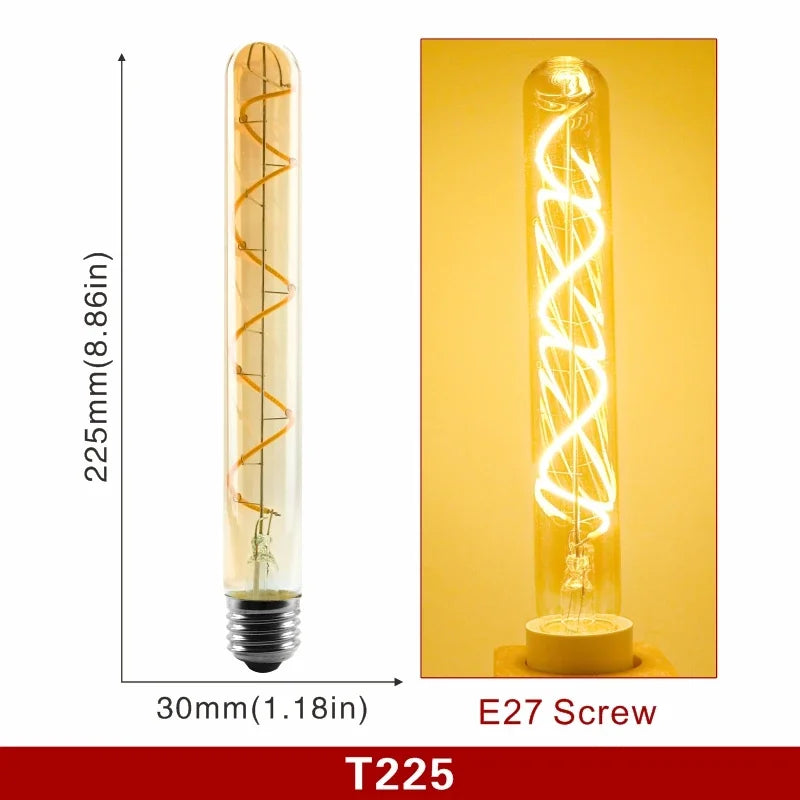 Ampoule Globe à Filament – ampoule tube long, schéma coté et ampoule allumée en lumière ambrée