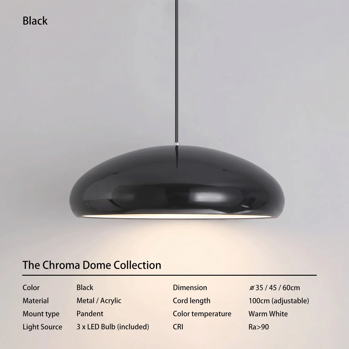 Laquen Suspension Dôme Laqué Moderne – Noir, Blanc chaud