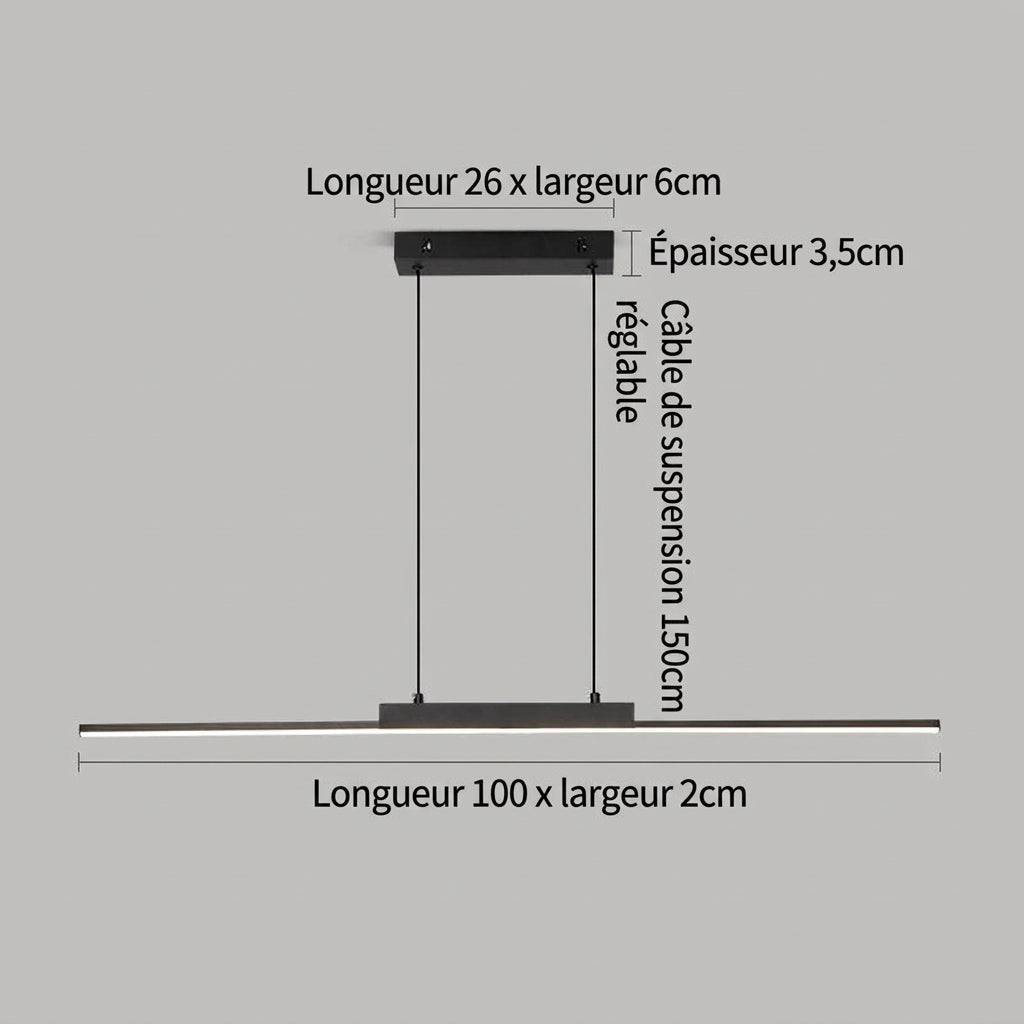 Ligne Suspension LED Linéaire en Aluminium – schéma coté : longueur, largeur et câble de suspension réglable