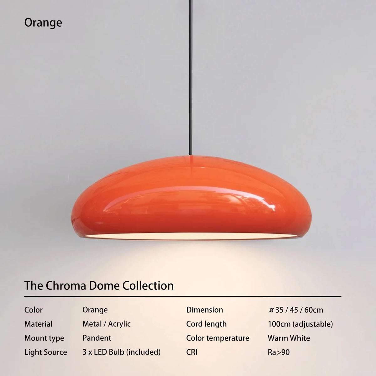 Laquen Suspension Dôme Laqué Moderne – Orange, Blanc chaud