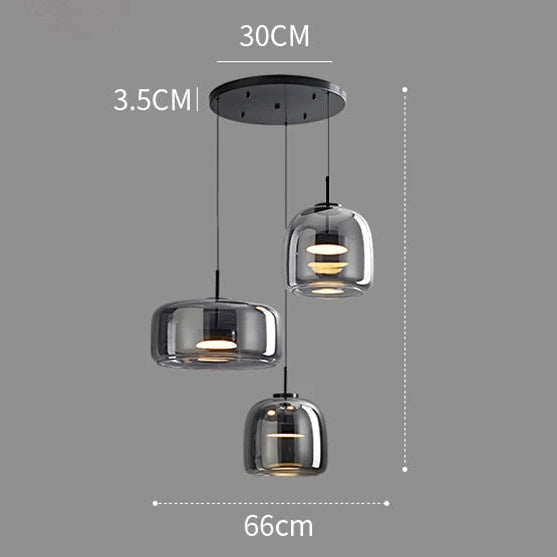 Trilia Suspension Trio en Verre, Ambré ou Fumé, sur Platine Ronde – Fumé, Blanc chaud