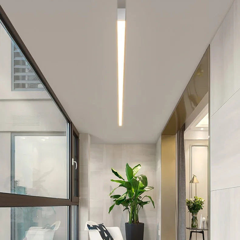 Rayon Plafonnier LED Linéaire – dans un couloir avec porte vitrée et plante