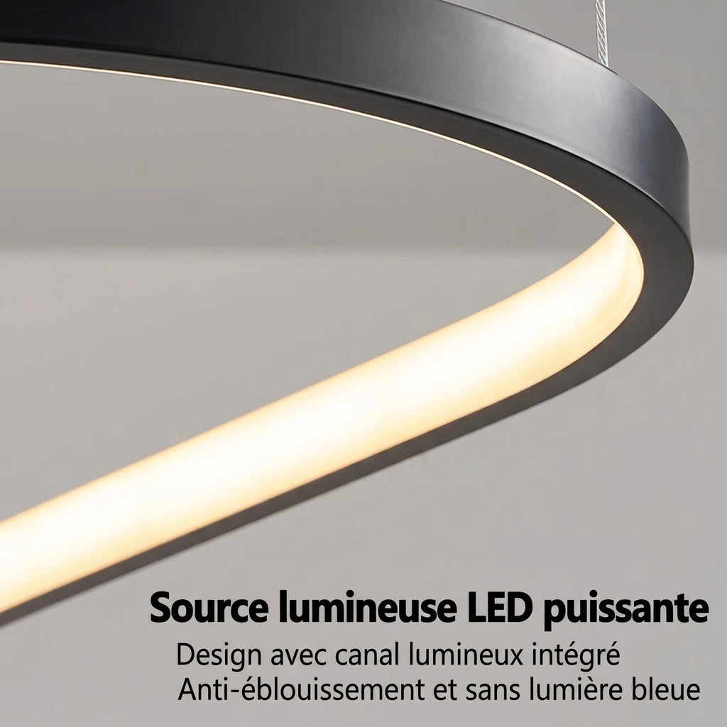 Orbite Trio Lustre 3 Anneaux LED Moderne – gros plan du profil de l'anneau et de sa lumière chaude