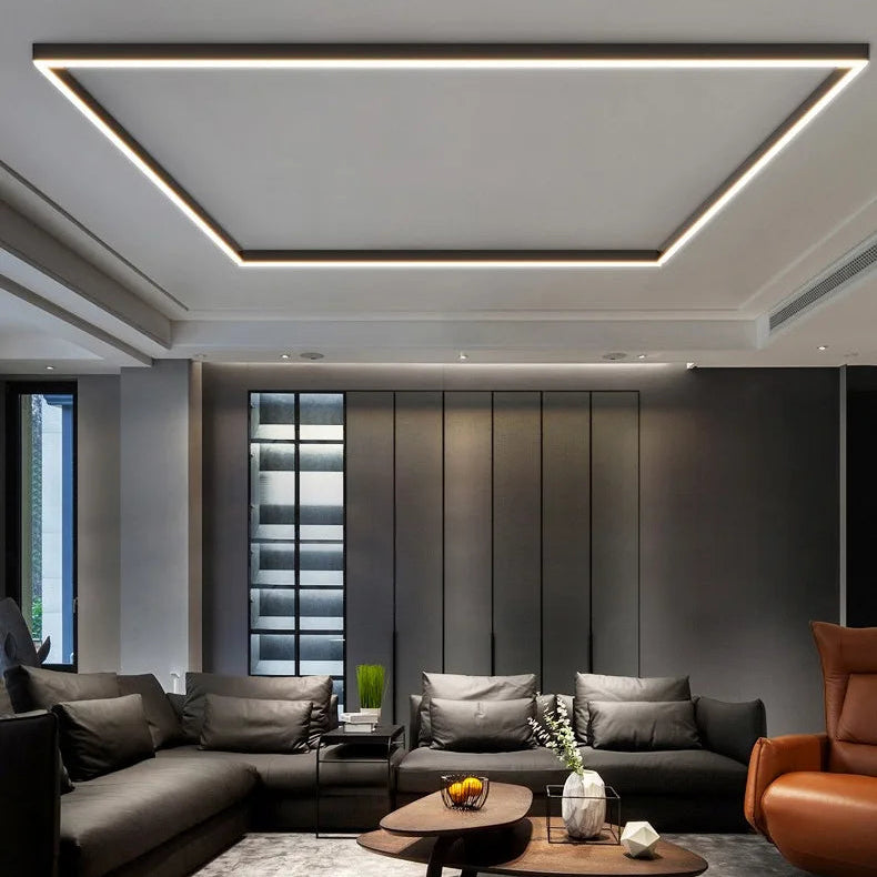 Rayon Plafonnier LED Linéaire – dans un salon aux panneaux sombres, vue large