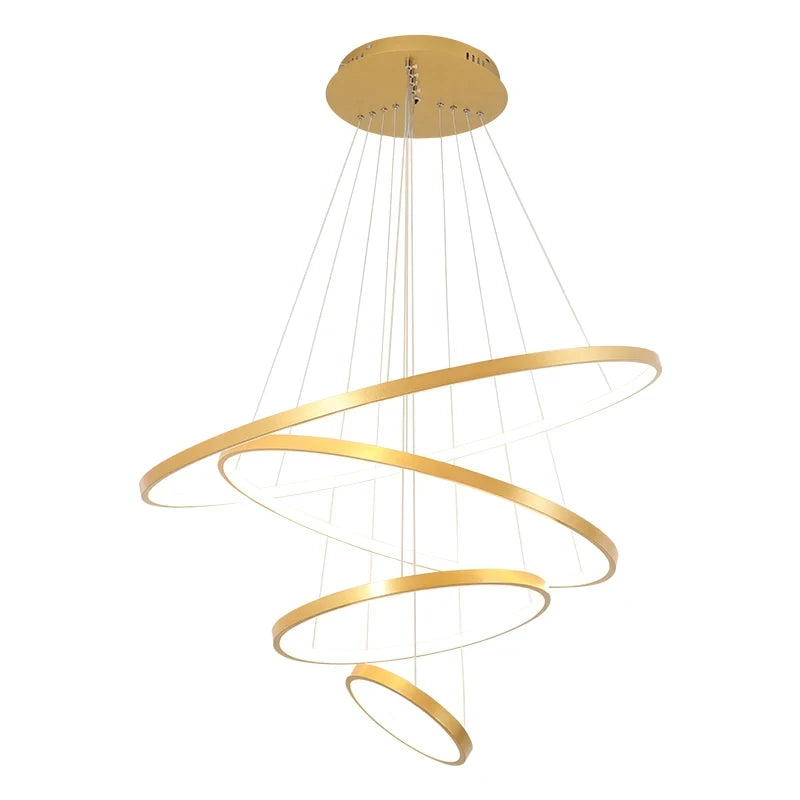Orbite Suspension LED à Anneaux – anneaux dorés sur fond blanc