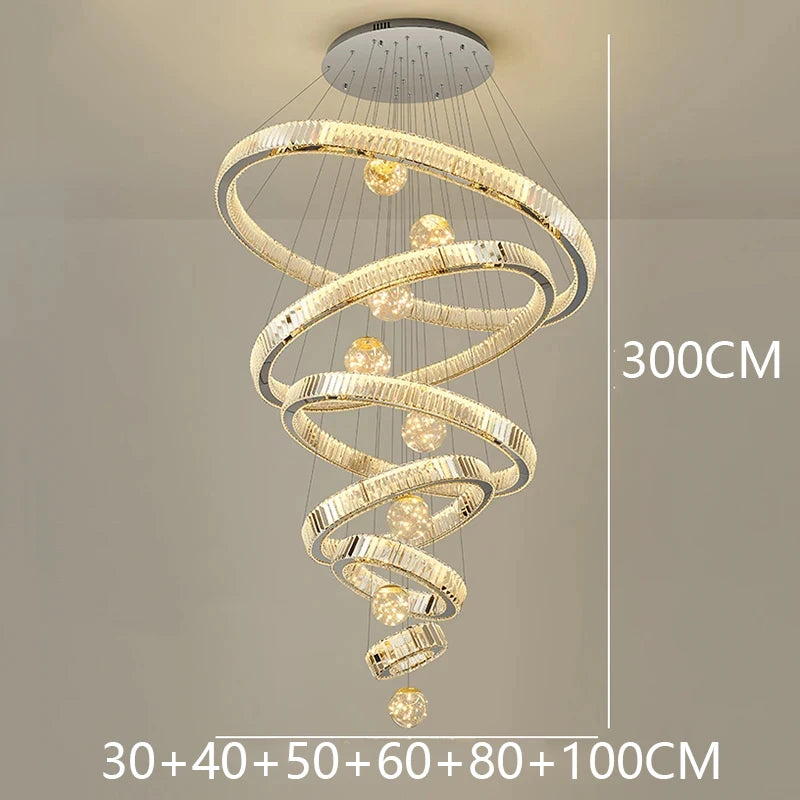 Saturne Lustre Anneaux en Cristal Moderne – Argent, 6 anneaux