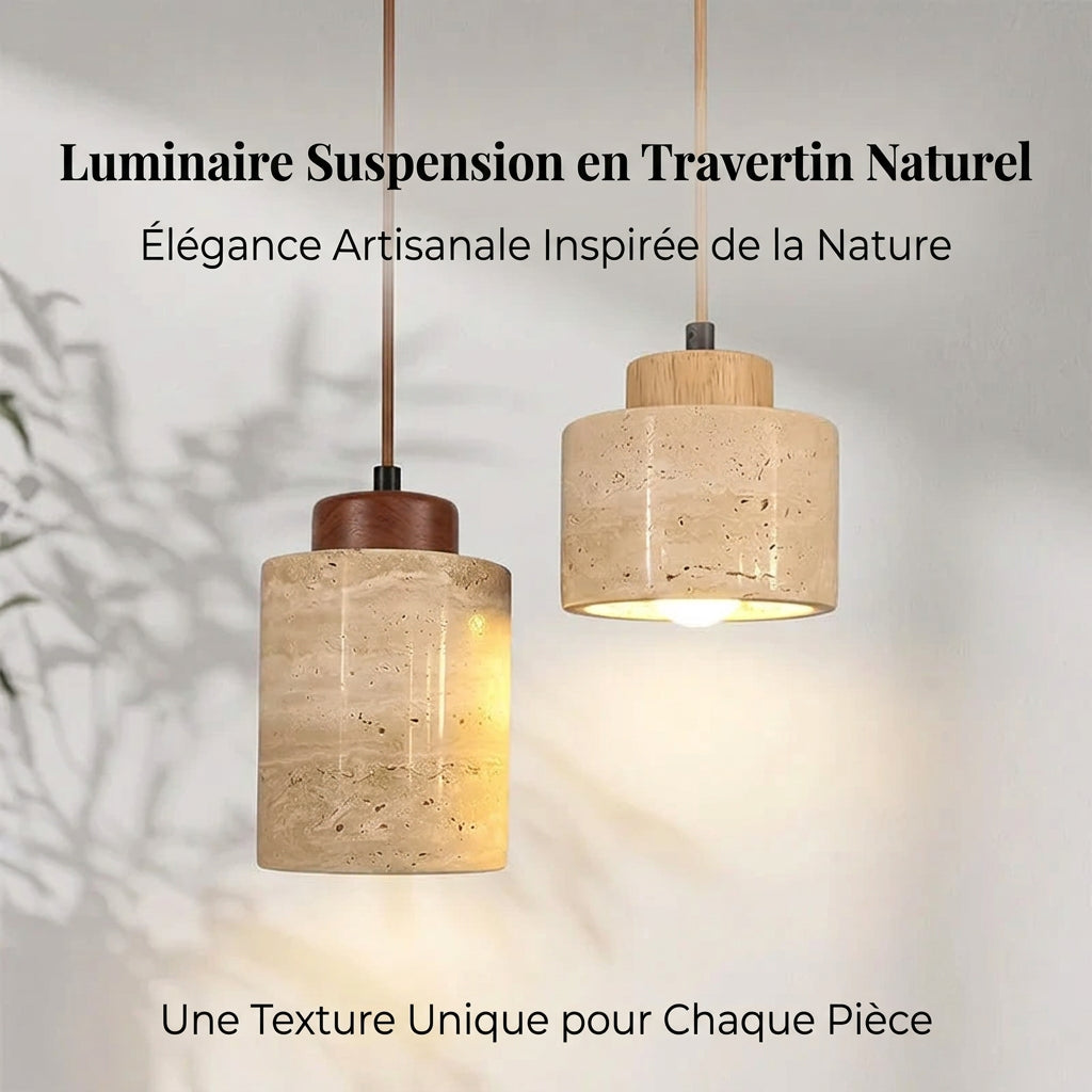 Travertin Suspension en Pierre Naturelle – deux suspensions en travertin allumées avec ombres de feuillage
