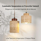 Travertin Suspension en Pierre Naturelle – deux suspensions en travertin allumées avec ombres de feuillage