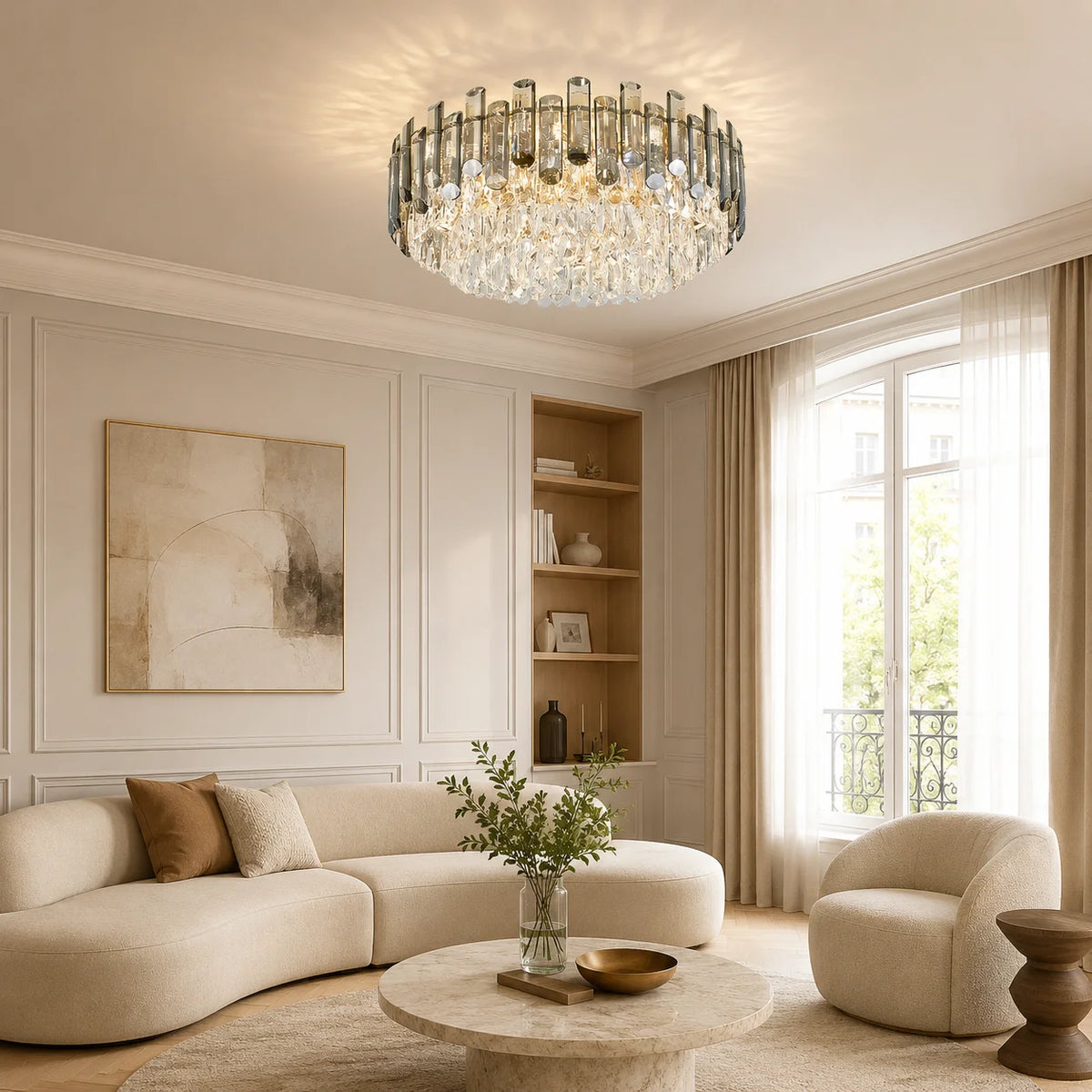 Fumia Plafonnier en Cristal et Verre Fumé – dans un salon avec fenêtre et tableau