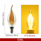 Ampoule Globe à Filament – ampoule flamme, schéma coté et ampoule allumée en lumière ambrée