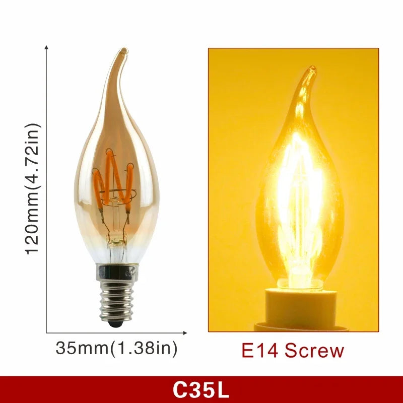 Ampoule à Filament Spirale – ampoule flamme, schéma coté et ampoule allumée en lumière ambrée