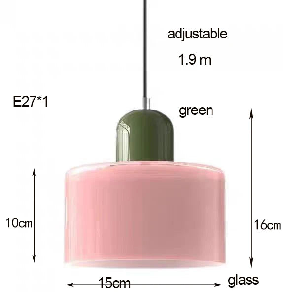 Dolia Suspension en Verre Teinté – schéma coté de la suspension rose à capuchon vert